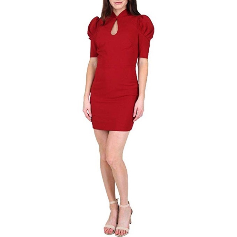 NWT Bebe Red Dahlia Puff Sleeve Keyhole Mini NYR